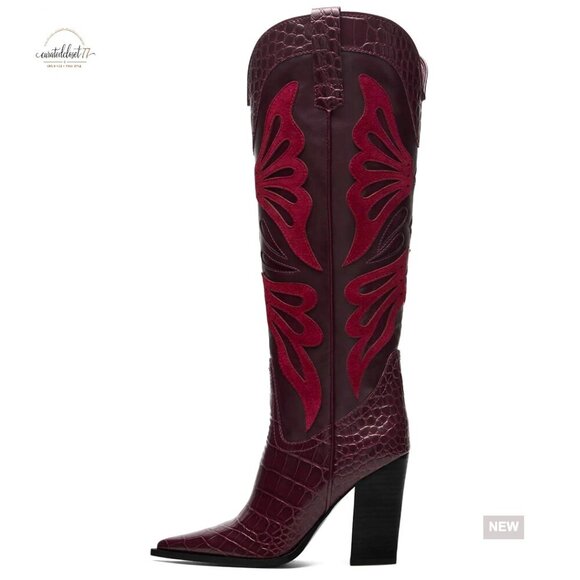 Shoes - Knee High Cowboy Boots Pointed Toe Chunky Heel Wide Calf Western Boots